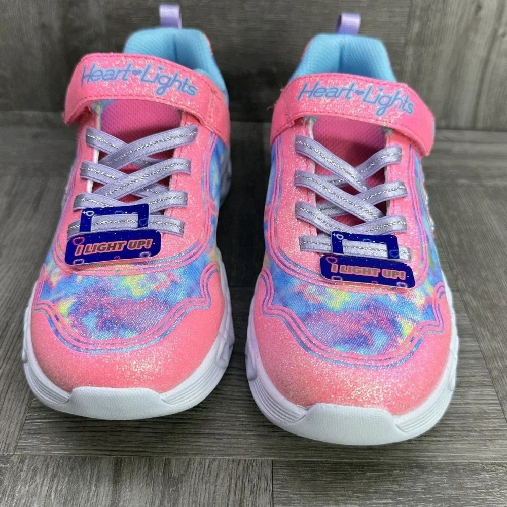 Skechers Sneakers Kids 3 Pink Tie Dye Glitter Light Up Heart Lights NEW 303753L